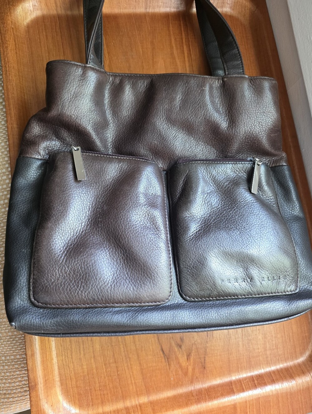 Perry Ellis Dark Brown Leather Purse Multipocket Top Handle Shopping Bag Casual - Picture 4 of 8